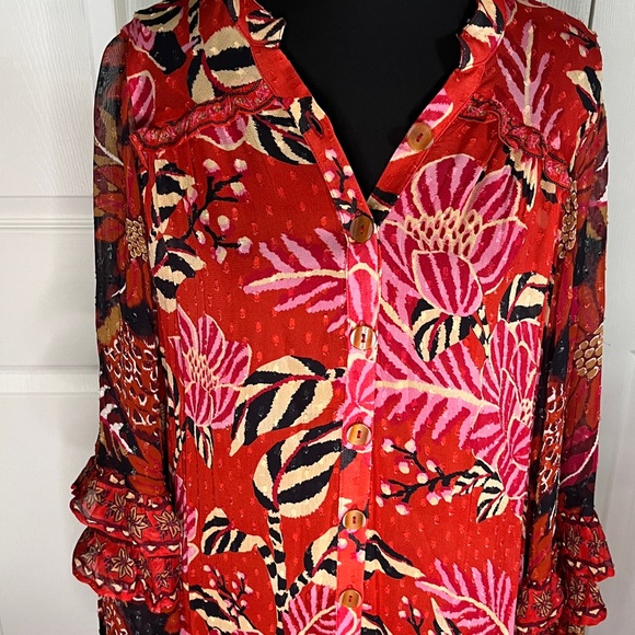 Farm Rio Anthropologie Mixed Floral Tiered Chiffon Maxi Dress Size Extra Small - Picture 9 of 9